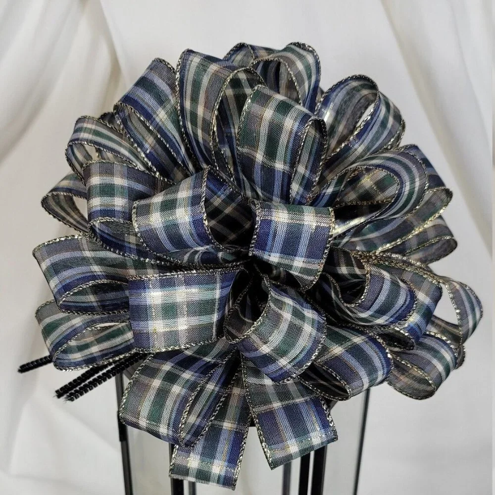 Christmas Tree Bow Topper, Blue Green Plaid Bow Tree Topper, 44‎ Loop, 10 inches